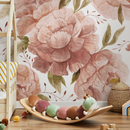 Floral Wallpaper with Large Watercolor Roses in Clay and Green - D322