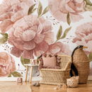 Floral Wallpaper with Large Watercolor Roses in Clay and Green - D322