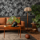 Botanical Wallpaper with a Stylized Palm Leaf Motif in Black and Gray - D336