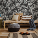 Botanical Wallpaper with a Stylized Palm Leaf Motif in Black and Gray - D336