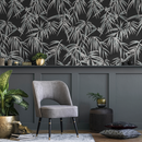 Botanical Wallpaper with a Stylized Palm Leaf Motif in Black and Gray - D336