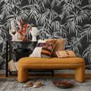 Botanical Wallpaper with a Stylized Palm Leaf Motif in Black and Gray - D336