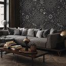 Celestial Wallpaper with Sun and Moon Motifs in Black and Gold - D342