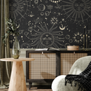 Celestial Wallpaper with Sun and Moon Motifs in Black and Gold - D342
