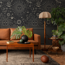 Celestial Wallpaper with Sun and Moon Motifs in Black and Gold - D342