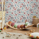 Floral Wallpaper with Folk Art Birds and Blooms in Red, Teal, and Green - D361