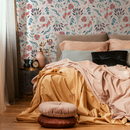 Floral Wallpaper with Folk Art Birds and Blooms in Red, Teal, and Green - D361