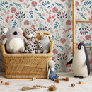 Floral Wallpaper with Folk Art Birds and Blooms in Red, Teal, and Green - D361
