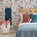 Floral Wallpaper with Folk Art Birds and Blooms in Red, Teal, and Green - D361