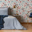 Floral Wallpaper with Folk Art Birds and Blooms in Red, Teal, and Green - D361
