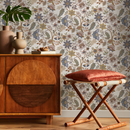 Chintz Wallpaper with a Vintage Floral Vine Motif in Taupe, Blue, and Green - D385