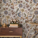 Chintz Wallpaper with a Vintage Floral Vine Motif in Taupe, Blue, and Green - D385