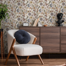 Chintz Wallpaper with a Vintage Floral Vine Motif in Taupe, Blue, and Green - D385