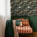 Dinosaur Wallpaper with Botanical Elements in Green, Brown, and Cream - D481
