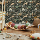 Dinosaur Wallpaper with Botanical Elements in Green, Brown, and Cream - D481