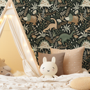 Dinosaur Wallpaper with Botanical Elements in Green, Brown, and Cream - D481