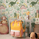 Dinosaur Wallpaper with Botanical Elements in Pink, Green, and Yellow - D482