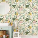 Dinosaur Wallpaper with Botanical Elements in Pink, Green, and Yellow - D482