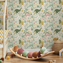 Dinosaur Wallpaper with Botanical Elements in Pink, Green, and Yellow - D482