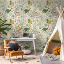Dinosaur Wallpaper with Botanical Elements in Pink, Green, and Yellow - D482