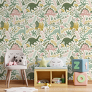 Dinosaur Wallpaper with Botanical Elements in Pink, Green, and Yellow - D482