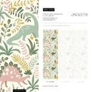 Dinosaur Wallpaper with Botanical Elements in Pink, Green, and Yellow - D482