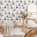 Nautical Wallpaper with a Hand-Drawn Sailboat Motif in Tan, Black, and Blue - D484