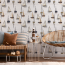 Nautical Wallpaper with a Hand-Drawn Sailboat Motif in Tan, Black, and Blue - D484
