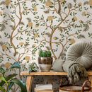 Chinoiserie Wallpaper with Vintage Winding Floral Branches in Gold, Green, and Blue - D503