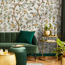 Chinoiserie Wallpaper with Vintage Winding Floral Branches in Gold, Green, and Blue - D503