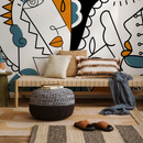 Abstract Wallpaper Featuring Modern Cubist Faces in Orange, Blue, and Black - D565