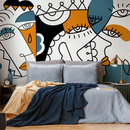 Abstract Wallpaper Featuring Modern Cubist Faces in Orange, Blue, and Black - D565