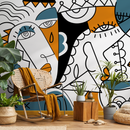 Abstract Wallpaper Featuring Modern Cubist Faces in Orange, Blue, and Black - D565