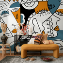 Abstract Wallpaper Featuring Modern Cubist Faces in Orange, Blue, and Black - D565