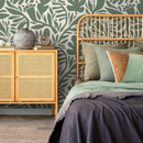Abstract Wallpaper with a Stylized Leaf Motif in Sage Green and Cream - D697