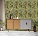 Green Wallpaper with African Animals Pattern