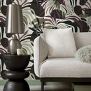 Botanical Wallpaper with Leaves in Green, Purple, and Brown - D713