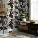 Botanical Wallpaper with Leaves in Green, Purple, and Brown - D713