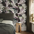 Botanical Wallpaper with Leaves in Green, Purple, and Brown - D713