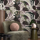 Botanical Wallpaper with Leaves in Green, Purple, and Brown - D713