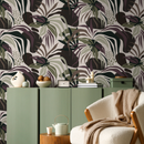 Botanical Wallpaper with Leaves in Green, Purple, and Brown - D713