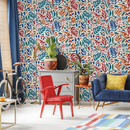 Leaf Wallpaper with Stylized Cutouts in Red, Blue, and Orange - D721