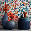 Leaf Wallpaper with Stylized Cutouts in Red, Blue, and Orange - D721