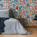 Leaf Wallpaper with Stylized Cutouts in Red, Blue, and Orange - D721
