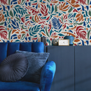 Leaf Wallpaper with Stylized Cutouts in Red, Blue, and Orange - D721