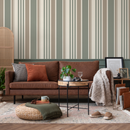 Striped Wallpaper with Vertical Lines in Green, Taupe, and Cream - D808