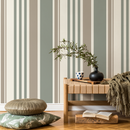 Striped Wallpaper with Vertical Lines in Green, Taupe, and Cream - D808