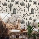 Western Wallpaper with Desert Icons in Charcoal and Beige - D826