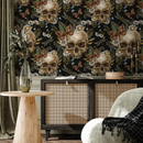 Gothic Wallpaper with Skulls, Ferns, and Daisies in Black, Green, and Brown - D829
