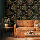 Gothic Floral Wallpaper with Skulls and Snakes in Black, Orange, and Green - D901